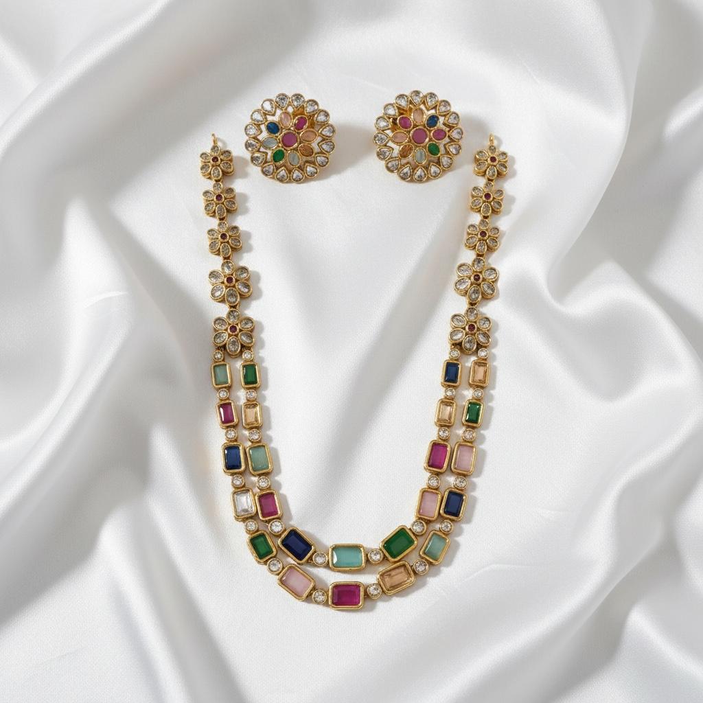 Multi Colour Squares and Flowers Necklace and Earrings