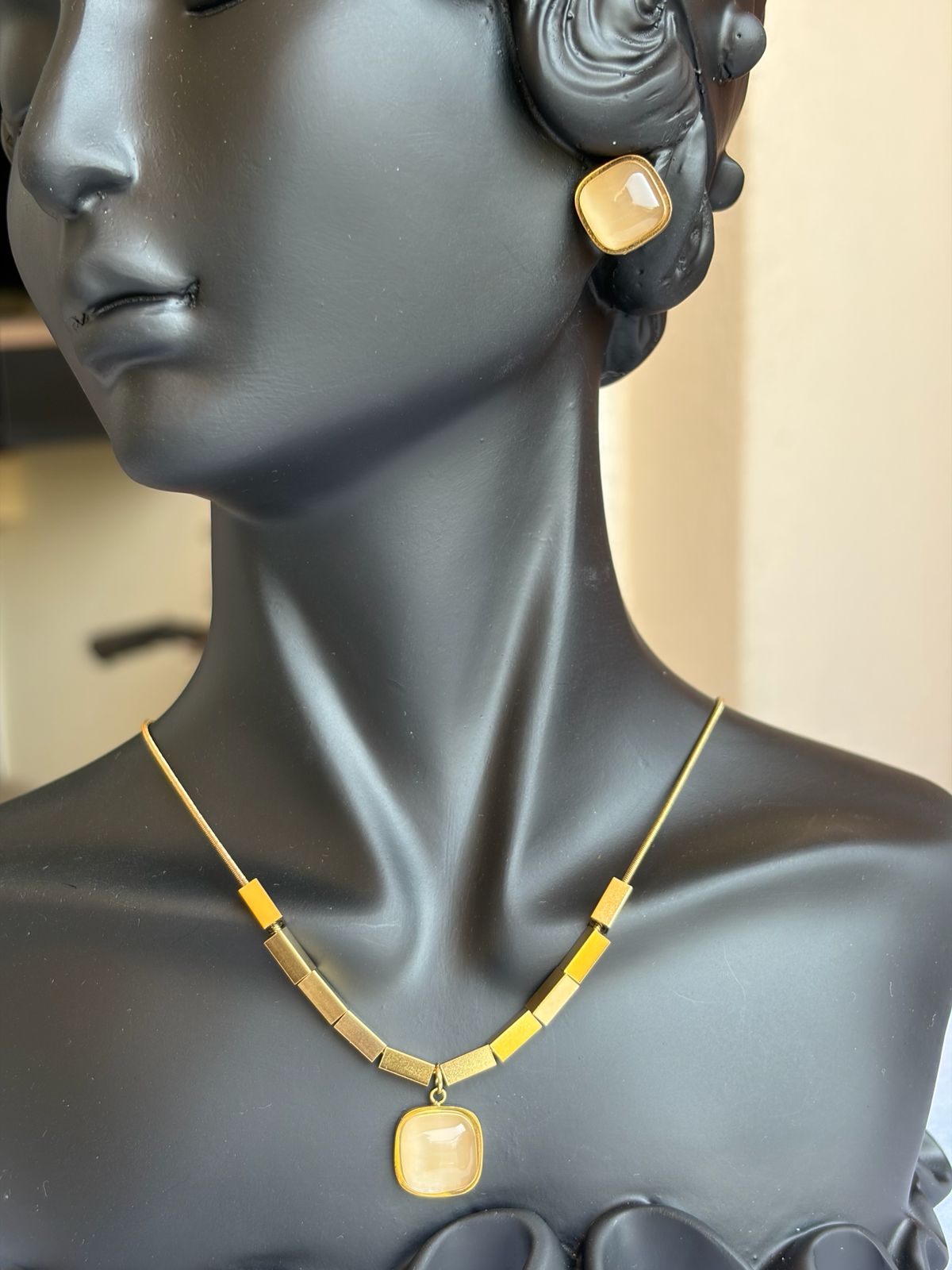 Brown Square Anti Tarnish Necklace and Earrings