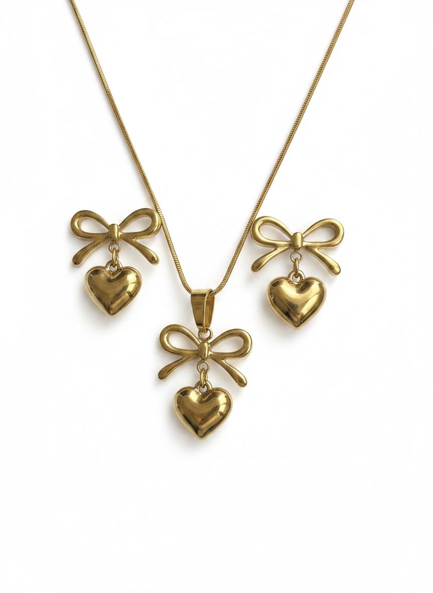 Golden Heart & Bow Necklace and Earrings