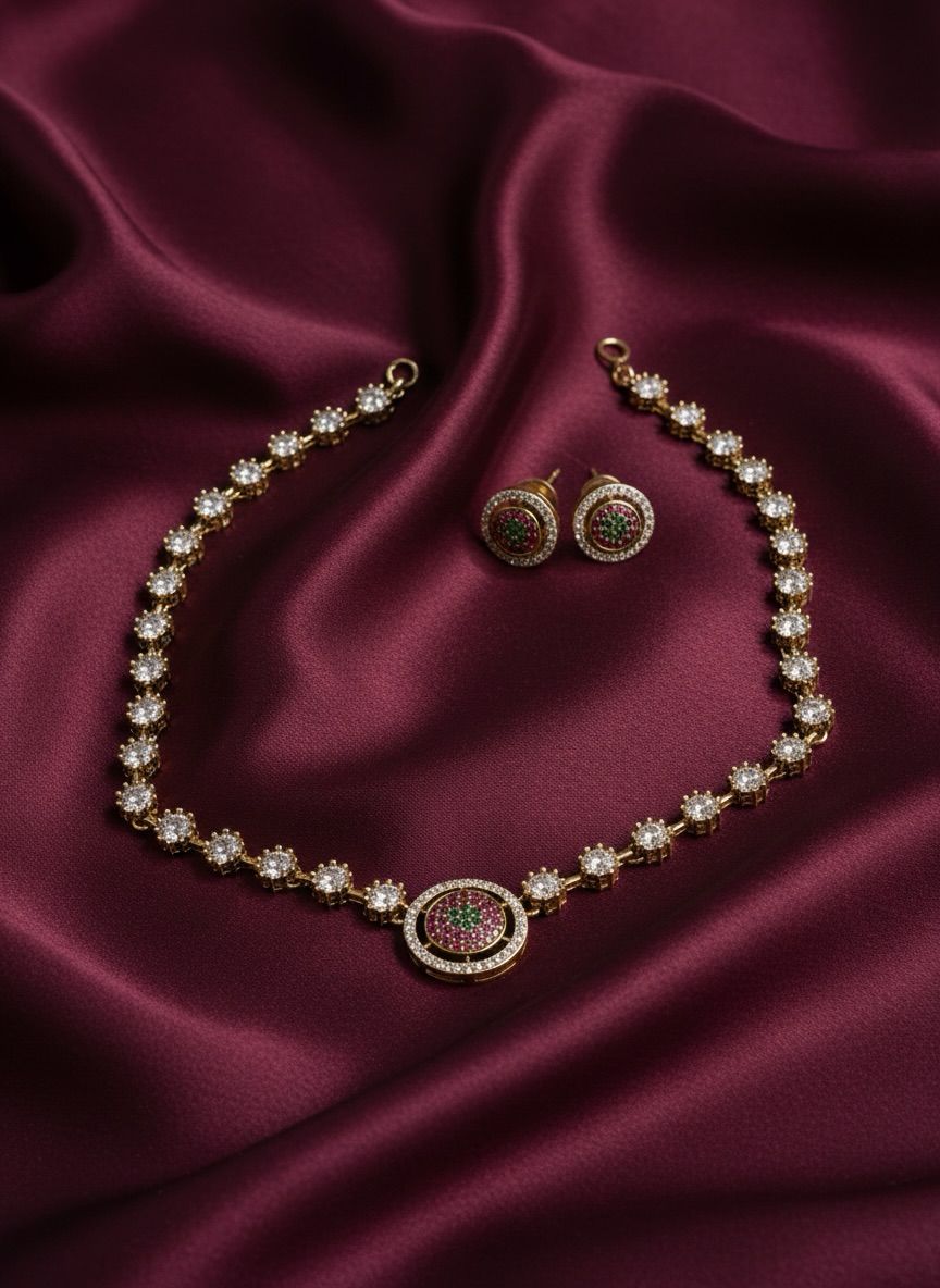 White and Red AD stone Antique Finish Necklace and Earrings