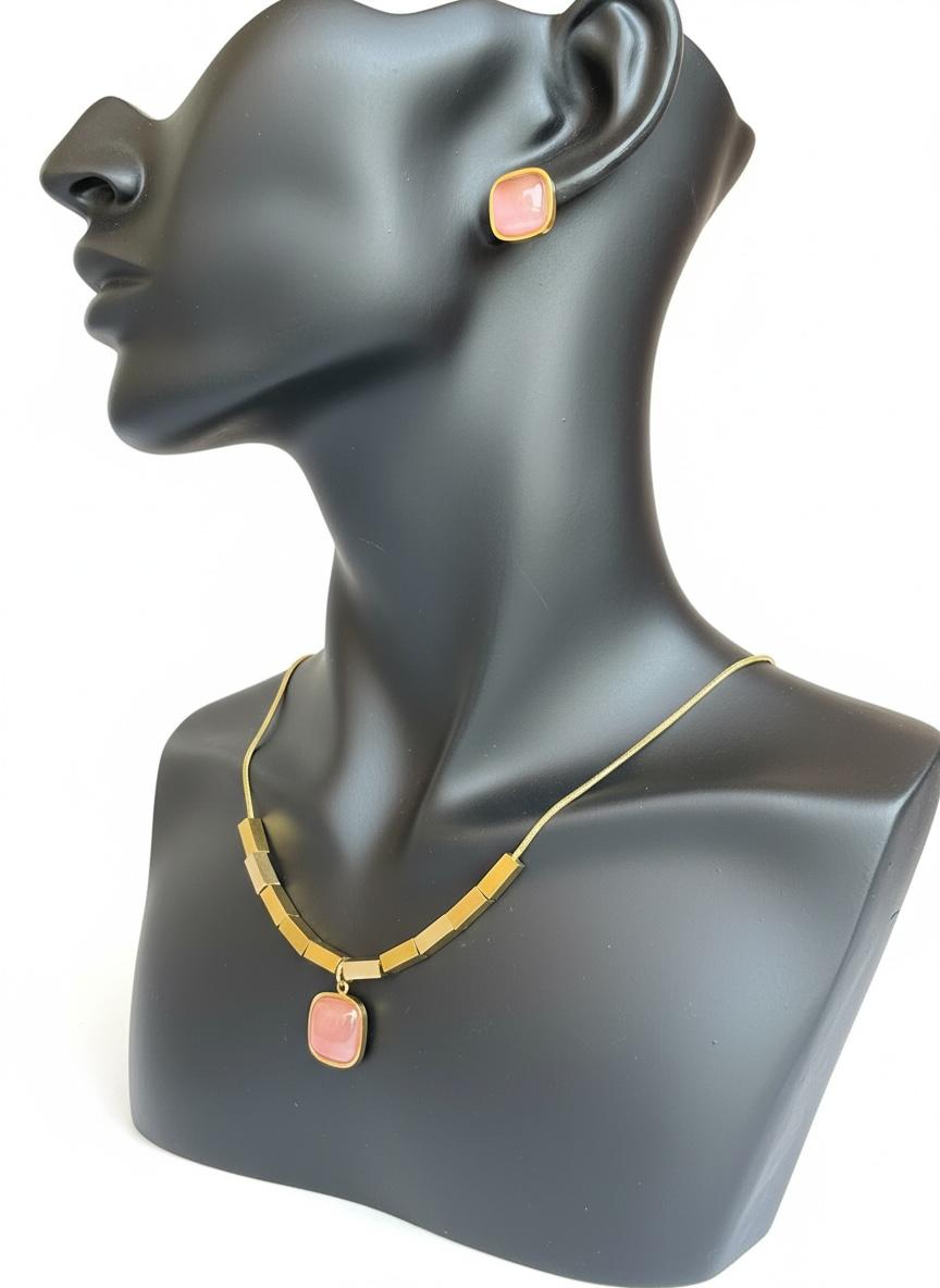 Pink Square Stone Necklace and Earrings