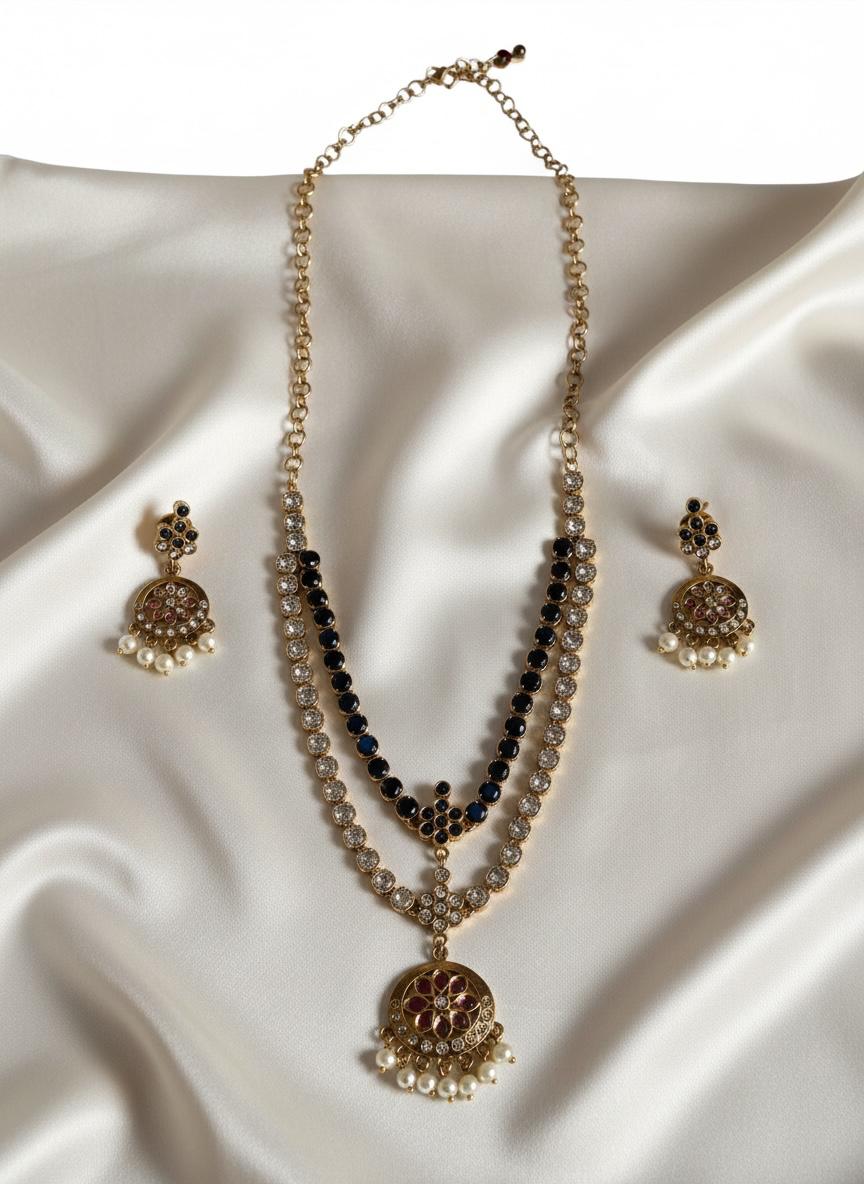 Green Stone Double Layer Necklace and Earrings