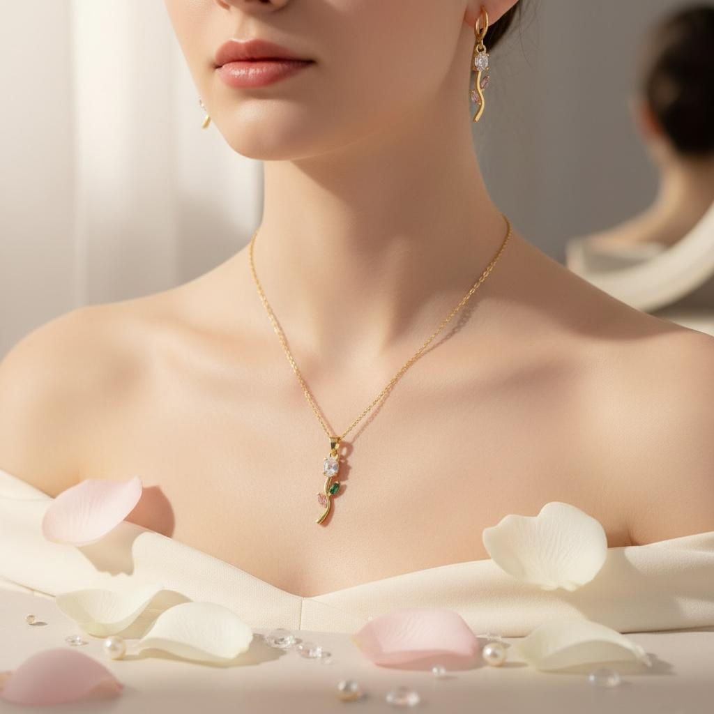 White and Pink Tulip anti-tarnish necklace and earrings