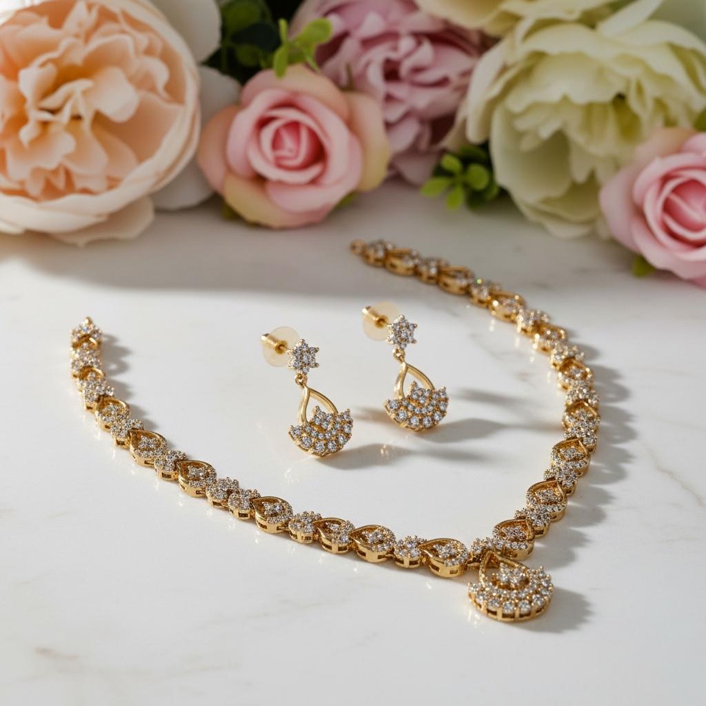 White AD stone Mango Shaped Antique Finish Necklace and Earrings
