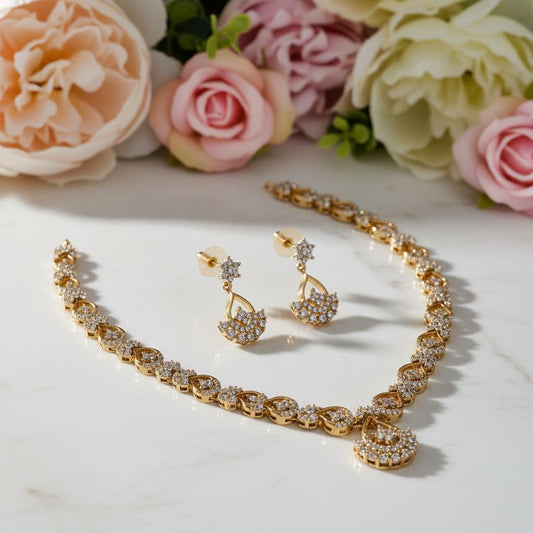 White AD stone Mango Shaped Antique Finish Necklace and Earrings