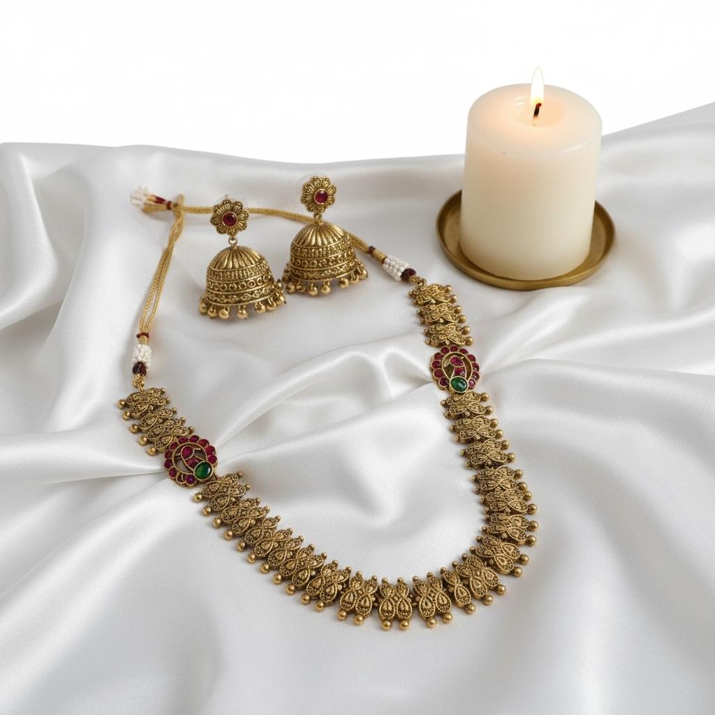 Golden Infinity Red Flower Necklace and Earrings
