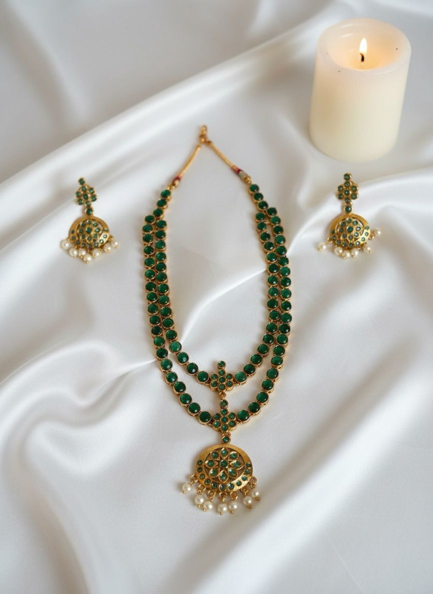 Green Stone Double Layer Necklace and Earrings