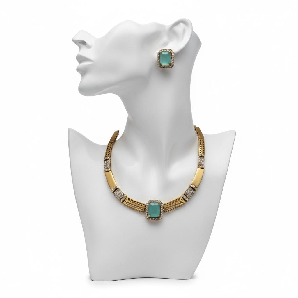 Teal Stone White Stone Antique Finish Golden Necklace and Earrings