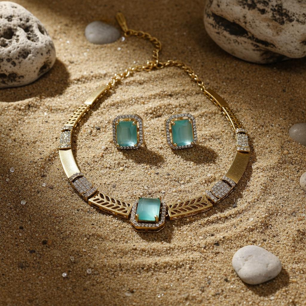 Teal Stone White Stone Antique Finish Golden Necklace and Earrings