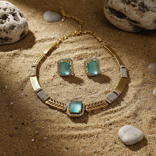 Teal Stone White Stone Antique Finish Golden Necklace and Earrings