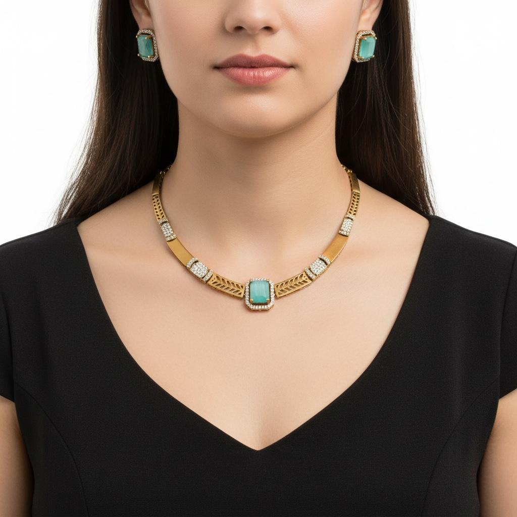 Teal Stone White Stone Antique Finish Golden Necklace and Earrings