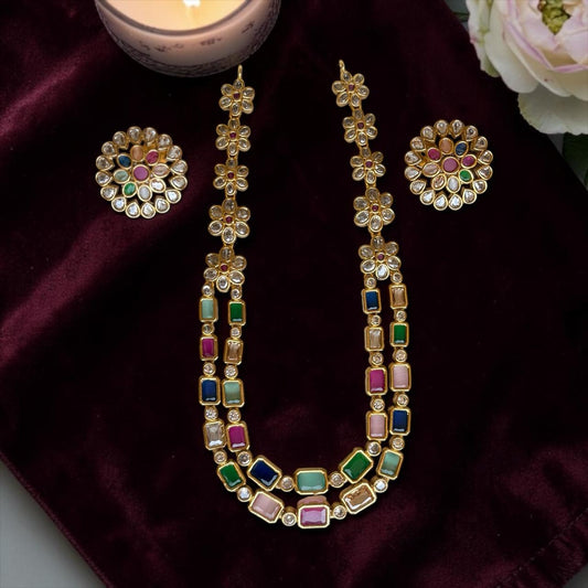 Multi Colour Squares and Flowers Necklace and Earrings