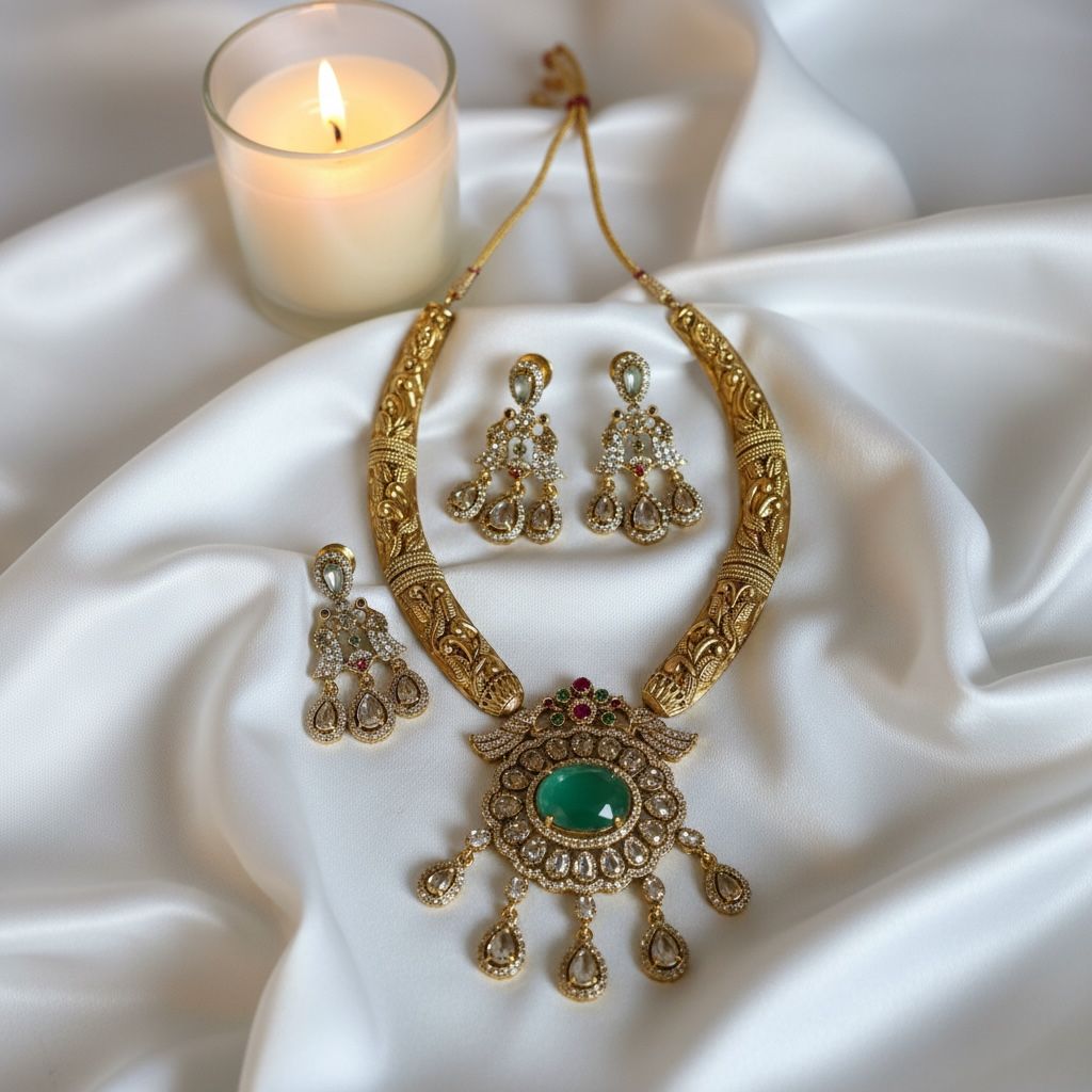 Elephant Tusk shaped Green and White Stone Antique Finish Necklace and Earrings