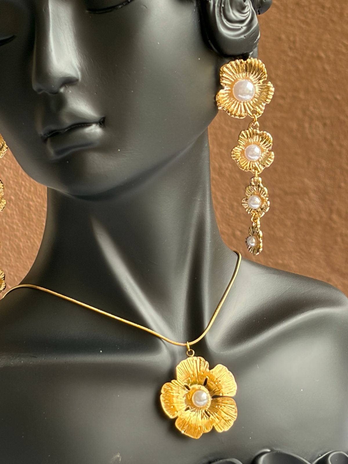 Golden Flower Anti Tarnish Necklace and Earrings