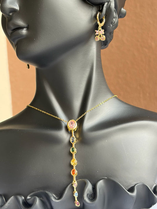 Multi Colour Stone Anti Tarnish Necklace and Earrings