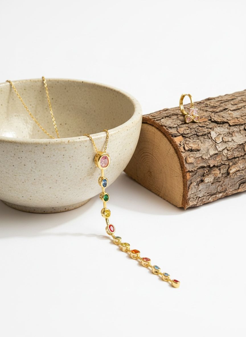 Multi Colour Stone Anti Tarnish Necklace and Earrings