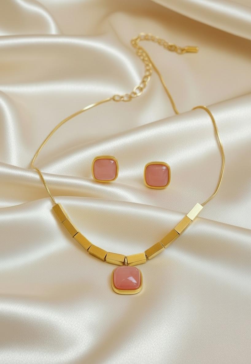 Pink Square Stone Necklace and Earrings