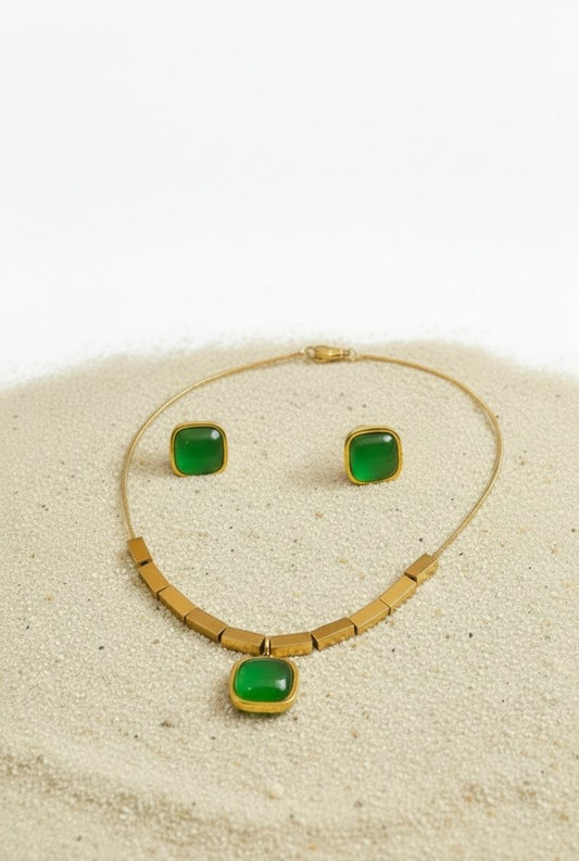 Green Square Stone Anti Tarnish Necklace and Earrings