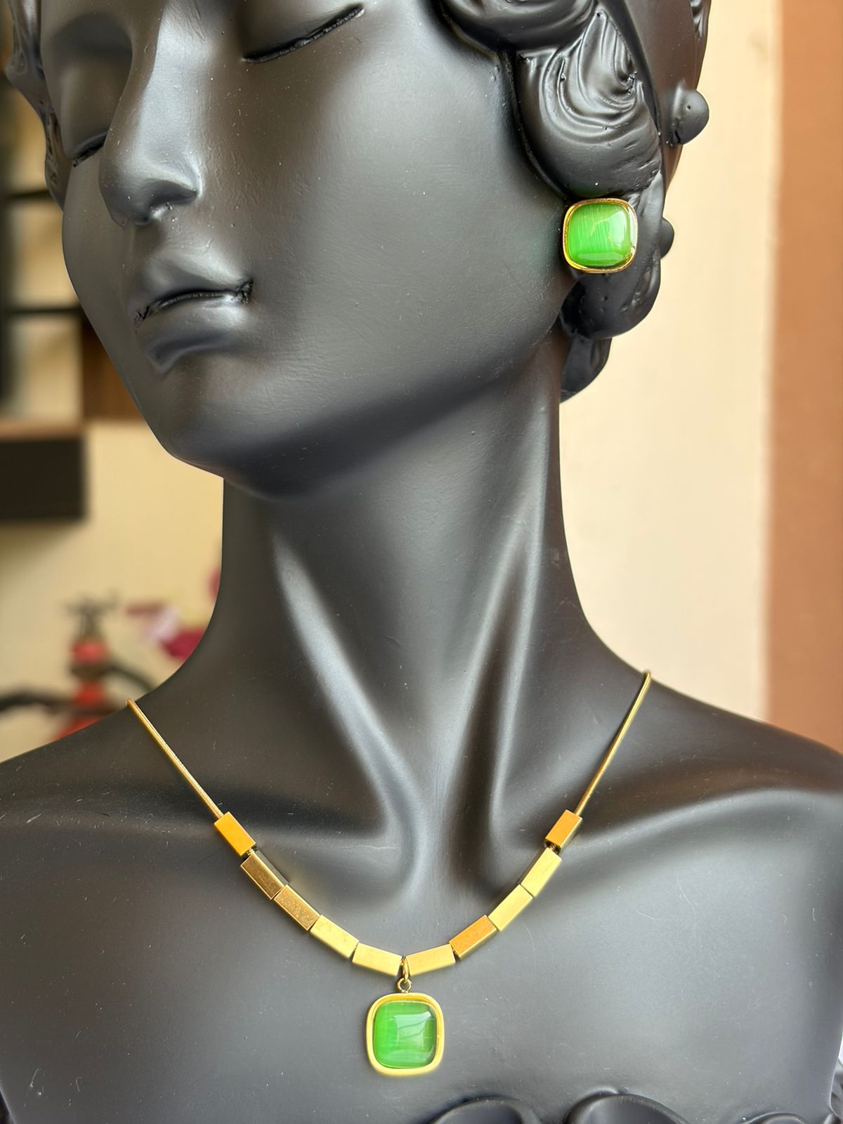 Green Square Stone Anti Tarnish Necklace and Earrings