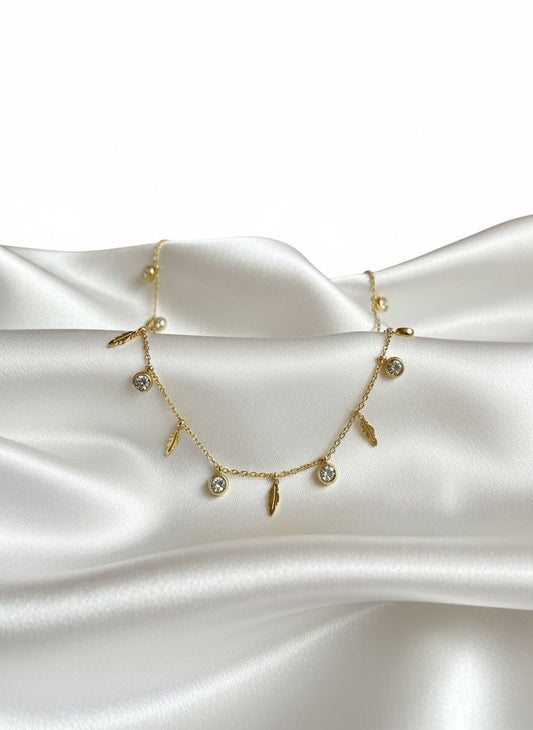 Crystal and Leaf Charm Anti Tarnish Necklace