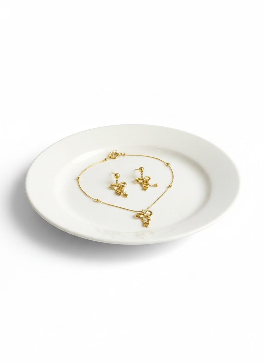 Golden Bow Anti Tarnish Necklace and Earrings