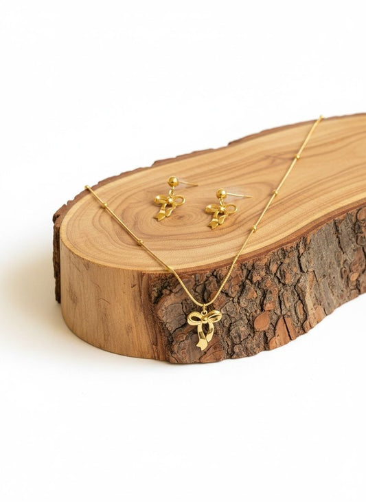 Golden Bow Anti Tarnish Necklace and Earrings