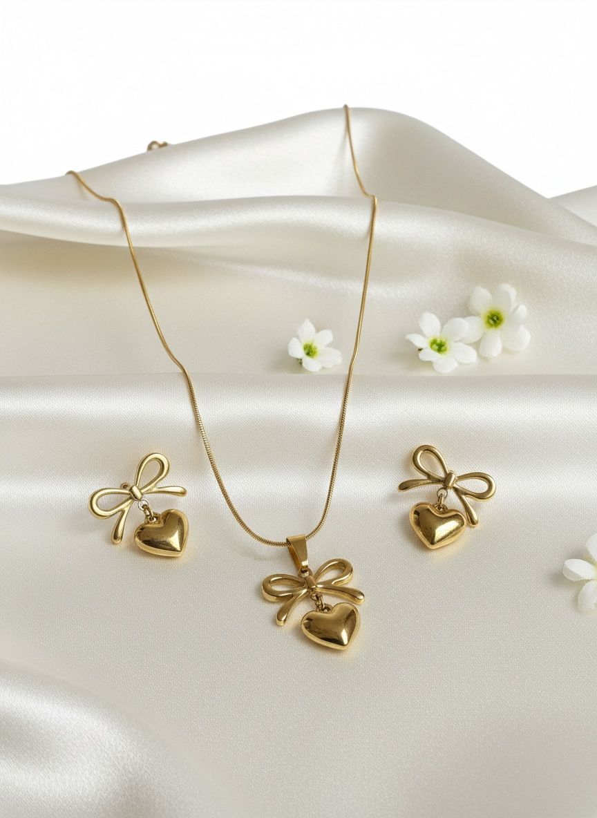 Golden Heart & Bow Necklace and Earrings