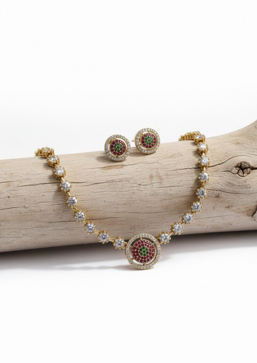 White and Red AD stone Antique Finish Necklace and Earrings