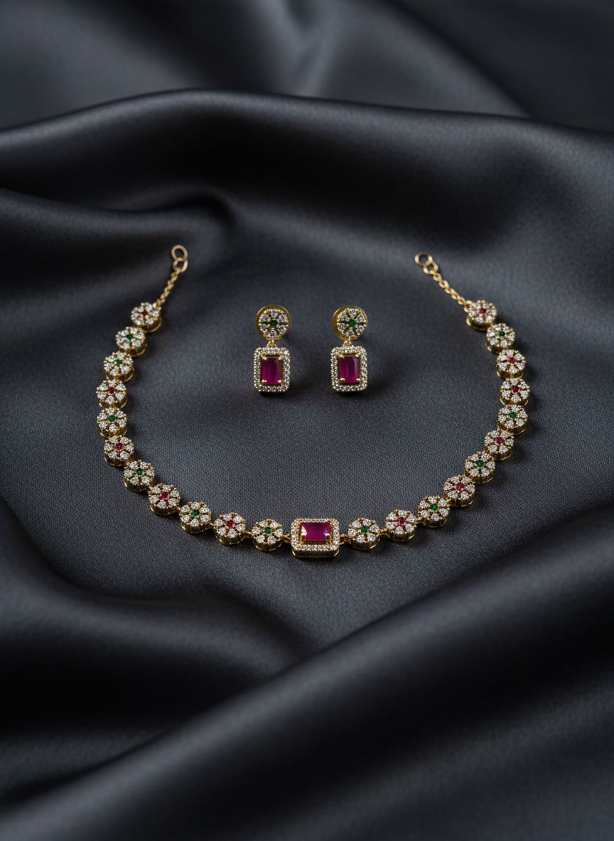 Green and purple AD stone Necklace and Earrings