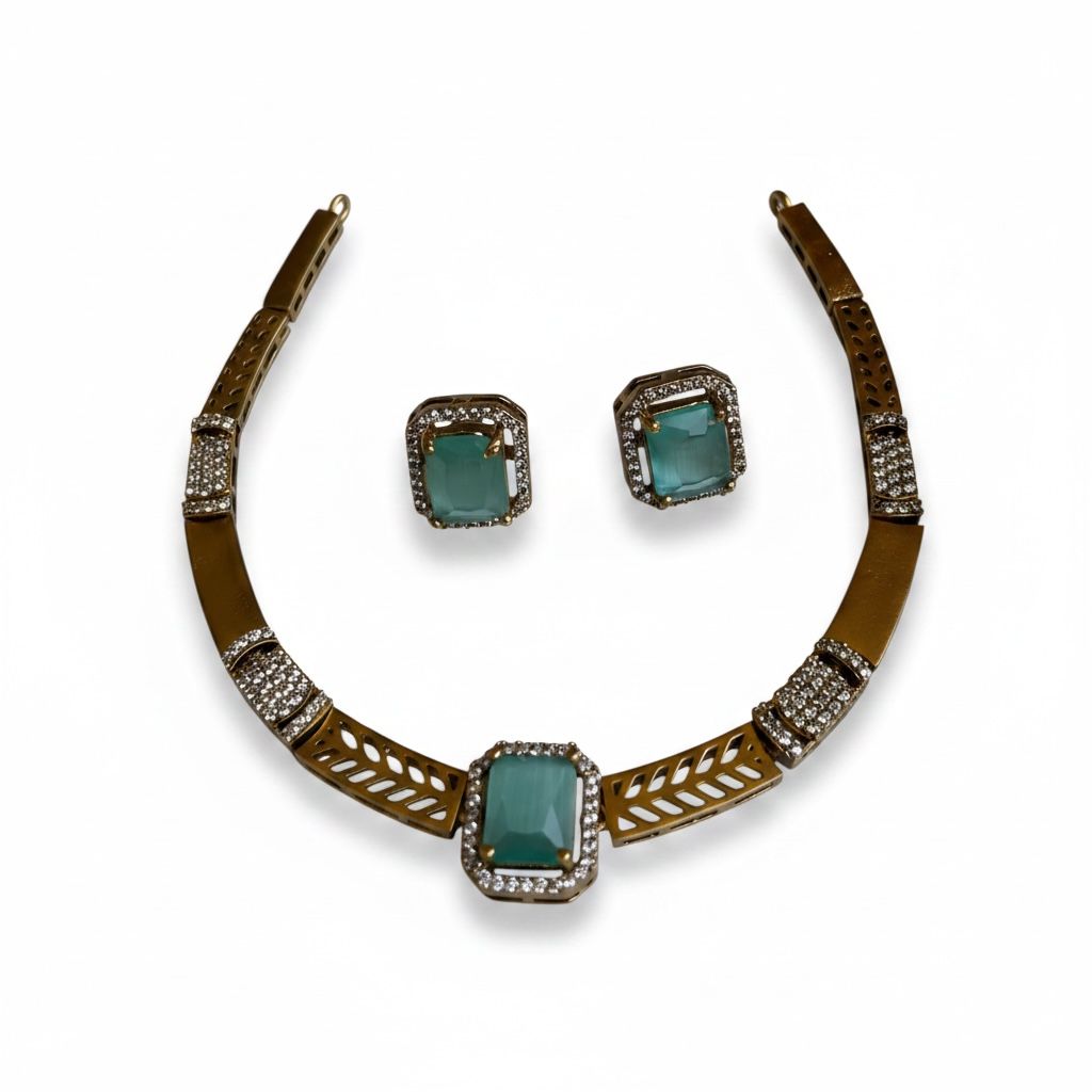 Teal Stone White Stone Antique Finish Golden Necklace and Earrings