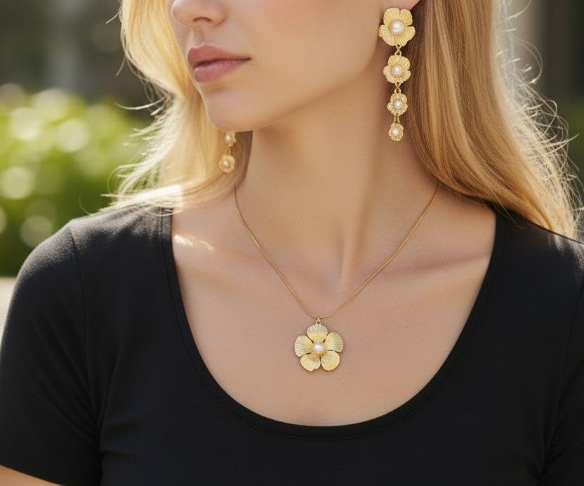 Golden Flower Anti Tarnish Necklace and Earrings