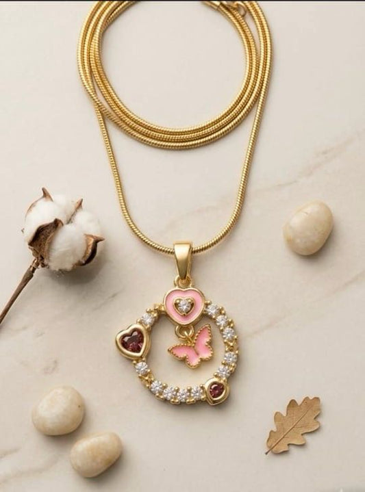White Circle Pink Butterfly Anti tarnish Necklace