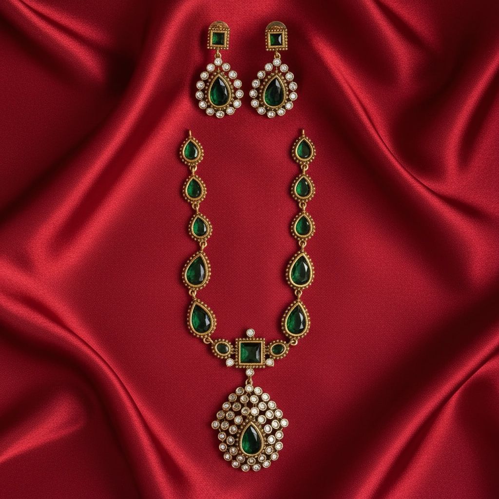 Green and white Stone Antique Finish Necklace and Earrings