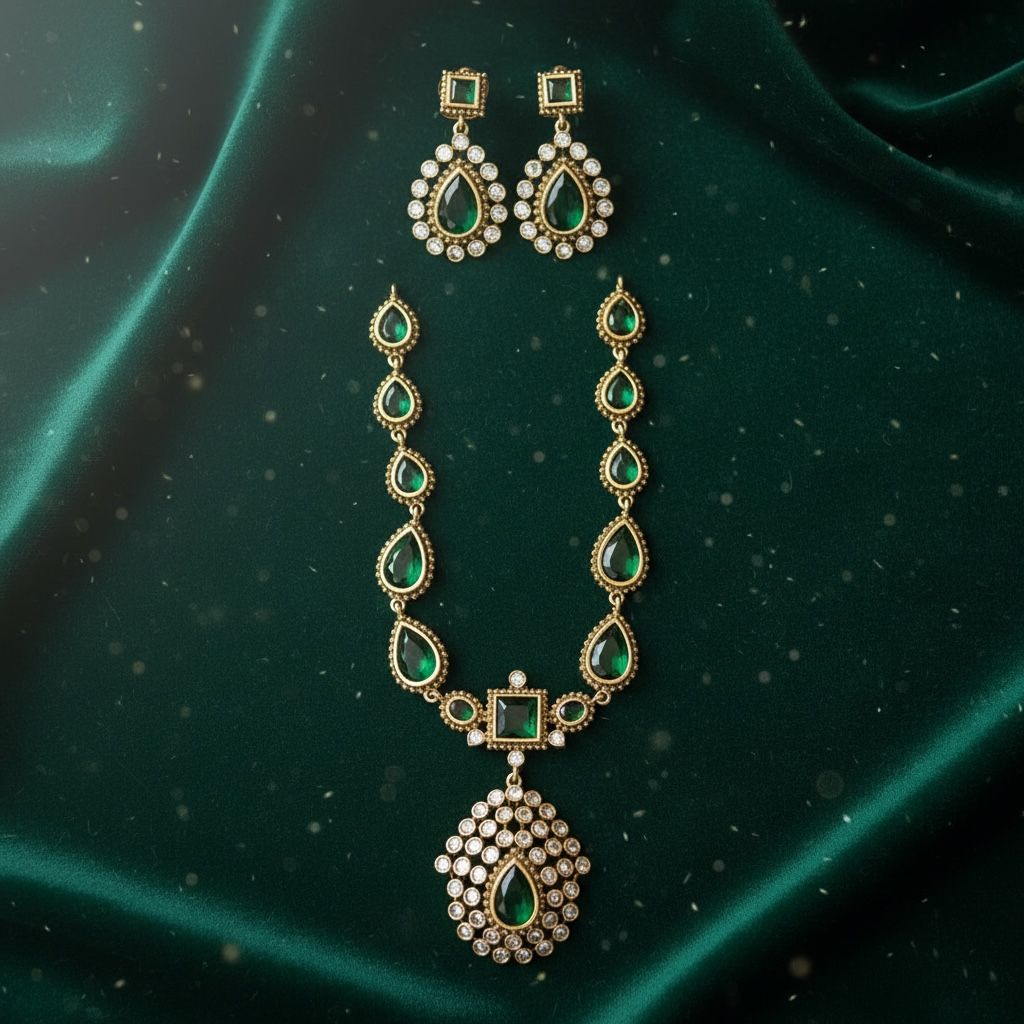 Green and white Stone Antique Finish Necklace and Earrings