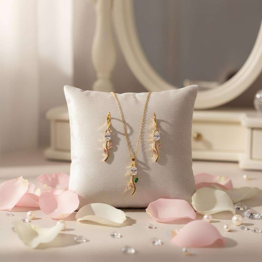 White and Pink Tulip anti-tarnish necklace and earrings
